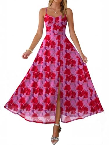Caracilia Women's Summer Maxi Dresses Floral Mesh Spaghetti Strap Split Formal Wedding Guest Cocktail Party Beach Long Dress Red Purple Floral XL - Image 1