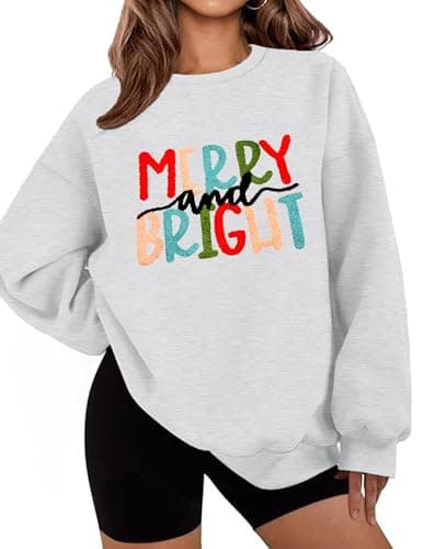 LETSEE Cute Christmas Sweatshirts for Women Merry And Bright Graphic Soft Fleece Plus Size Pullover Sweaters Winter Clothes, Grey, XX-Large - Image 1