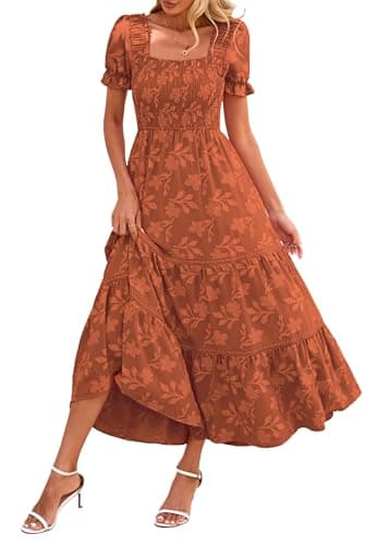 Lazysmile Women's Summer Boho Floral Maxi Dress Short Sleeve Square Neck Smocked Ruffle Elegant Wedding Guest Dress Orange - Image 1