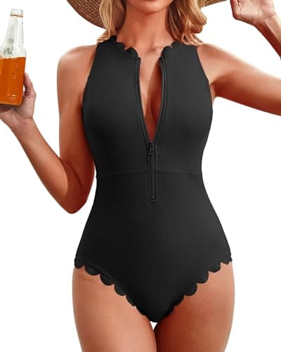 Charmo Women Athletic One Piece Swimsuit Rash Guard Zipper Racerback Ribbed Scalloped Modest Bathing Suit Black XL - Image 1