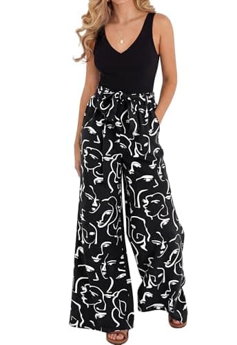 BTFBM Two Piece Sets For Women Summer 2026 Spring Outfits Casual Sleeveless Wide Leg Pants Sets Beach Vacation Clothes(Floral Black White, Large) - Image 1