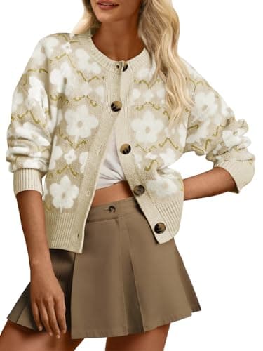 Saodimallsu Womens Floral Cardigan Sweaters Classic Beige Flower Pattern Long Sleeve Open Front Button Up Sweater 2025 - Image 1