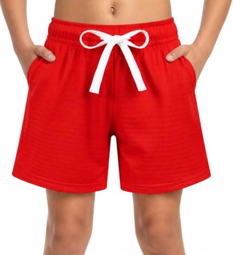 Cozople Boys Athletic Shorts Quick Dry Mesh Lightweight Basketball Shorts for Kids with Pockets Classic Red Deep Side Pockets for Camp Sports Running