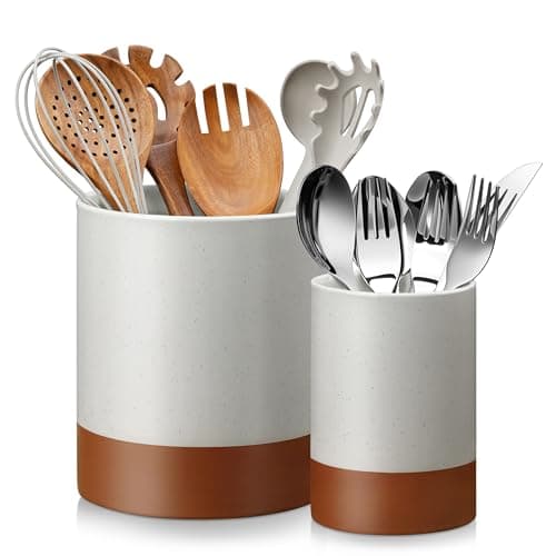 MALACASA Utensil Holder, 7.3"+5.5" Ceramic Kitchen Utensil Holder for Countertop, Large Cooking Utensil Crocks for Kitchen Counter, Farmhouse Utensils Organizer, Set of 2, Khaki Gray, Series TARA - Image 1