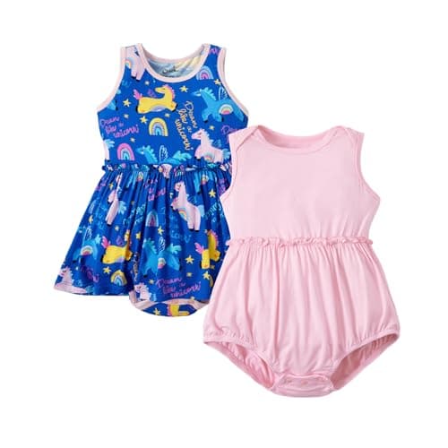 PATPAT Bamboo Baby Girl Clothes - Soft & Breathable Viscose Outfits - Sleeveles Bodysuit Dress for Spring Summer Gift - Cute Rompers Essentials - 2 Pack Midnight Unicorn & Blush 18-24 Months - Image 1