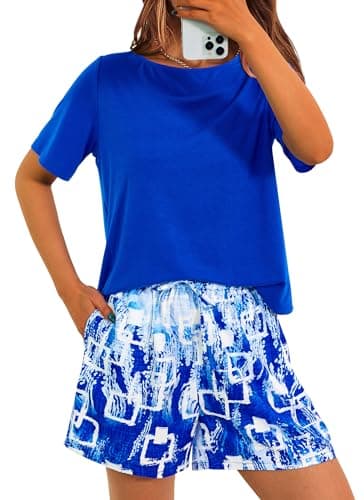 PRETTYGARDEN Women's Summer 2 Piece Outfits Lounge Sets Short Sleeve Tee Shirts Tops Blouses Pockets Printed Shorts Tracksuit (Blue,X-Large) - Image 1