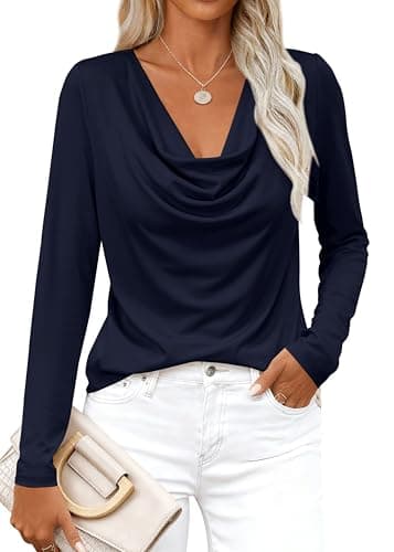 PRETTYGARDEN Womens Spring Tops 2026 Dressy Cowl Neck Long Sleeve Shirts Loose Business Casual Blouses Teacher Tunic Top(Navy Blue,X-Large) - Image 1