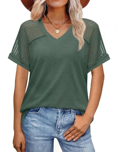 JUSTFASHIONNOW Cute Summer Tops for Women 2025 Trendy Short Sleeve Shirts V Neck Vintage Tees Casual Ladies Blouses Spring Outfits Green S - Image 1
