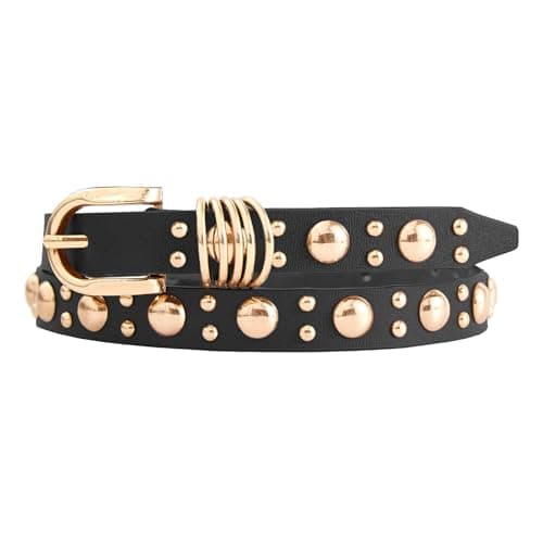 EONTISO Women Studded Leather Belt for Jeans, Punk Fashion Gold Rivets, Skinny Gold Black M - Image 1