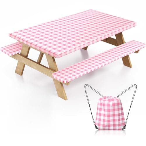 Nimalpal Picnic Table Cover with Bench Covers and Bag, Camping Table Camping Essentials Cover with Elastic Edges(Pink) - Image 1