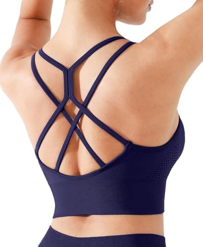 BRXL Lycra Strappy Ruched Sports Bra for Women Breathable Seamless Criss Cross Back Light Support Padded Bras Exercise Yoga Blue M