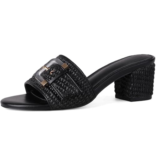 COMFITORIA Women's Raffia Heeled Sandals Low Block Chunky Heel Sandals Open Toe Buckle Strap Beach Slip on Mules Summer Vacation Casual Dressy Shoes, Black, Size 8 - Image 1