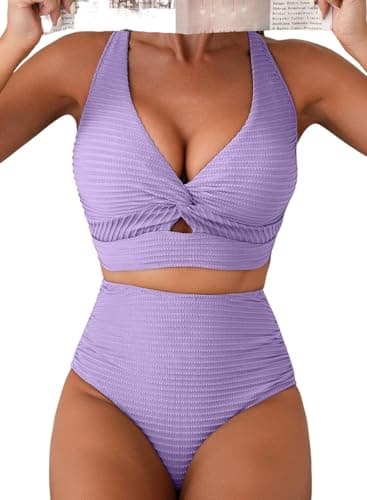 Herseas High Waisted Bikini Sets Twist Front Top 2 Piece Swim Suits for Women 2026 Textured Tummy Control Flattering Bathing Suits Summer Cruise Essentails Swimwear Purple Small - Image 1