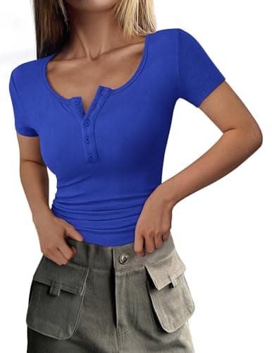 PRETTYGARDEN Women's 2026 Fall Summer Short Sleeve Tops Ribbed Henley Button Slim Fit Basic Casual T Shirts Blouse Clothing (Royal Blue,Large) - Image 1