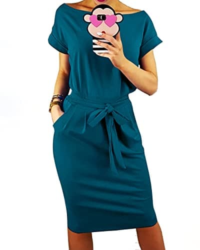 PRETTYGARDEN Women's Summer Short Sleeve Crewneck Striped Dress Basic Solid Tie Waist Office T Shirt Dresses Pockets(Dark Green,Small) - Image 1
