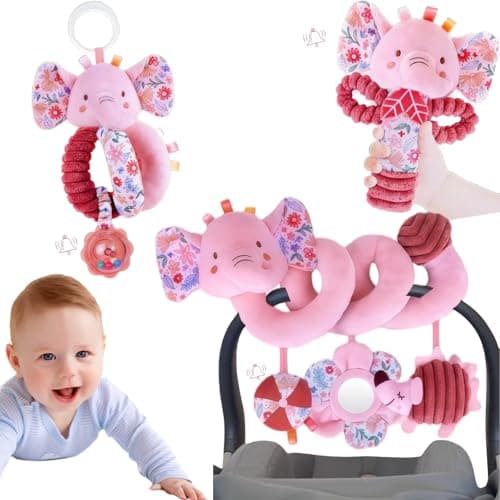 chochumy Baby Toys 0-6-12 Months Spiral Car Seat Toy, Infant Stroller Hanging Rattle Stuffed Animal Babies 0-2-3-4-5-7-9-12 Month Old Newborn Girl Gift Easter Basket Stuffers Mirror Pink Elephant 3PCS - Image 1