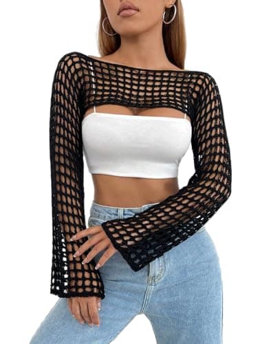 hathne Women Hollow Out Sweater Crop Flounce Off See Through Crochet Top Trumpet Long Sleeve Knit Top(Black,XL) - Image 1