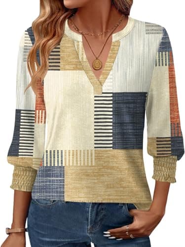 GKBK Womens 3/4 Sleeve Shirts V Neck Dressy Casual Spring Summer Blouses with Smocked Cuffs - Image 1