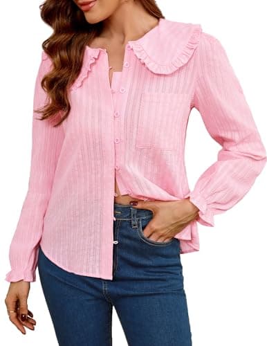 LOOKBOHO Women Spring Long Sleeve Tops Peter Pan Collar Button Down Blouse Lightweight Cotton Shirts, Elegant Work & Casual Wear, Puff Sleeve Fall Tops Pure Pink Large - Image 1