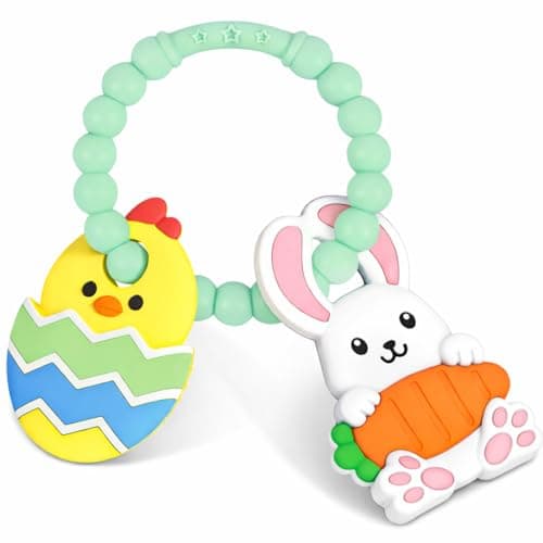 Easter Teething Ring for Baby, Bunny Carrot & Chick Egg Silicone Teether Bracelet, Sensory Chew Toys for Newborns & Infants 3–12 Months, Easter Basket Stuffers for Toddlers, Baby First Easter Gift - Image 1