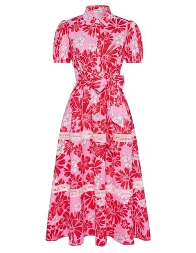 GRACE KARIN Women's 2026 Summer Floral Flowy Dresses Boho Tie Belt Short Puff Sleeve A Line Maxi Shirt Dress with Pocket Pink Red X-Large - Image 1