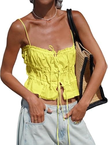 Tankaneo Womens Summer Tie Front Crop Tops Cute Ruffle Ruched Spaghetti Strap Tank Tops Y2K Going Out Shirts Yellow - Image 1