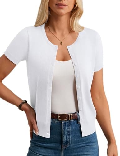 GRACE KARIN White Cardigan for Women, Short Sleeve Button Sweater, Business Casual Outfits for Women Bright White M - Image 1