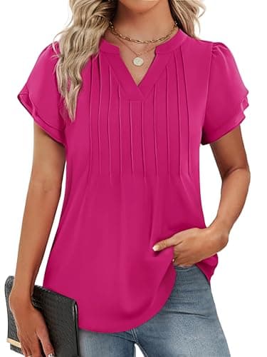 Funlingo Womens Shirts Dressy Casual Petal Short Sleeve Tops V Neck Flowy Elegant Blouses Hot Pink Professional Office Wear Rose Red S - Image 1