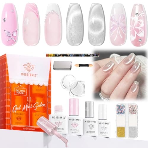 modelones Silver Cat Eye Gel Nail Polish Kit Jelly Pink White Sheer Nude French Gel Polish Set, Magnet Tools Pearl Chrome Powder Flatback Rhinestones Pearls, 4 Colors Gel Mini Salon Gift for Women - Image 1