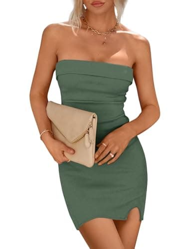 Imily Bela Womens Ribbed Strapless Tube Dress Side Slit Bodycon Midi Dress for Cocktail Party 2026 Army Green - Image 1