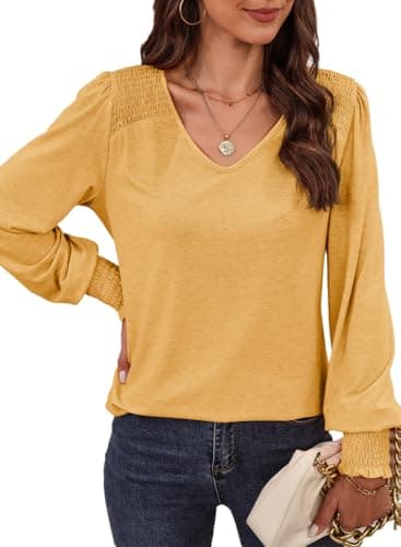 Dokotoo Tops for Women Ruffle Long Sleeve V Neck Solid Color Knit Womens Clothing Cute Casual Loose Fitted Corset Shirts Basic Tunic Tops Fall Fashion 2024 Beige XX-Large - Image 1