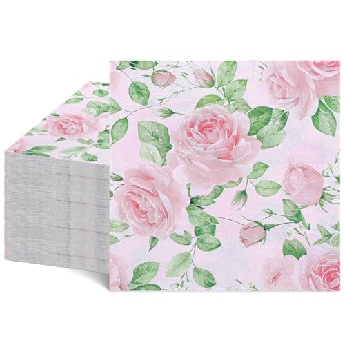 NatNarr 50 Pcs Floral Napkins, 6.5 x 6.5 Inch Watercolor Spring Tea Party Napkins Mothers Day Disposable Vintage Pink Rose Flower Cocktail Napkin for Decoupage, Garden Party, Spring - Image 1