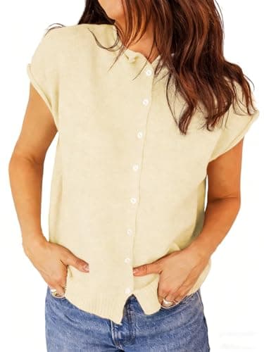 Skoinvb Womens Cropped Cardigan Cap Sleeve Sweater Vest Crew Neck Button Casual Lightweight Knit Vacation Outfits Light Yellow M - Image 1