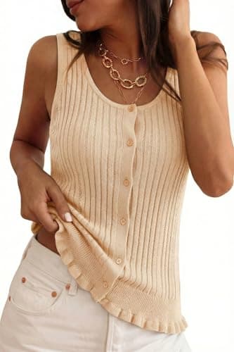 Arach&Cloz Women's 2026 Spring Summer Cotton Lightweight Ribbed Knit Tank Tops Beach Vacation Sweater Vest Sleeveless Ruffle Hem Tank Resort Cruise Wear Trendy Blouse Apricot M - Image 1