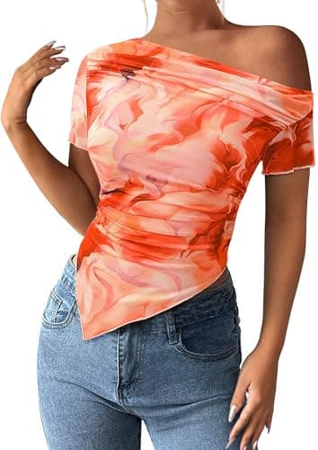 PRETTYGARDEN Womens Summer Off The Shoulder Tops 2026 Spring Short Sleeve Mesh Tie Dye Shirt Ruched Asymmetrical Y2k Clothes (Watercolour Orange,Small) - Image 1