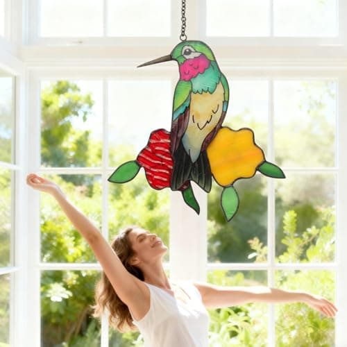 Stained Glass Hummingbird Suncatcher - Sun Catchers Indoor Window Hanging Ornament, Handmade Bird Suncatcher for Windows, Unique Gift for Women/Mom/Bird Lovers (6.4x5.5 Inch) - Image 1