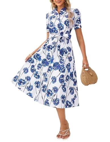 GRACE KARIN 2026 Cotton Summer Boho Midi Dresses for Women Puff Short Sleeve Shirt Dresses Flowy Floral A-line Wedding Guest Dress with Pocket Belt White Blue S - Image 1