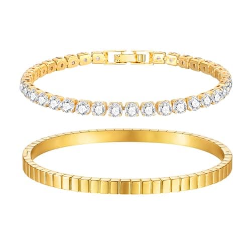 Stackable Gold Bracelets for Women - 2Pcs 18K Gold Plated Cubic Zirconia Bangle Crystal Friendship Tennis Bracelet Stack Jewelry,Party Christmas Birthday Gifts for Her Girlfriend Sister Wife Besite - Image 1
