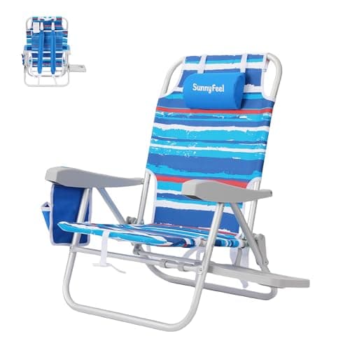 SUNNYFEEL Portable Beach Chair, Lightweight Beach Chair for Adults, Folding Camping Chair with Side Table & Organizer Bag, 3 Position Adjustable, 300lbs Heavy Duty, Low Back, Blue Stripes - Image 1