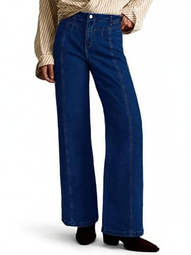 PEIHOT Wide Leg Jeans for Women High Waisted Straight Leg Stretchy Jeans Seamed Paneling Denim Pants Fall Dark Blue - Image 1