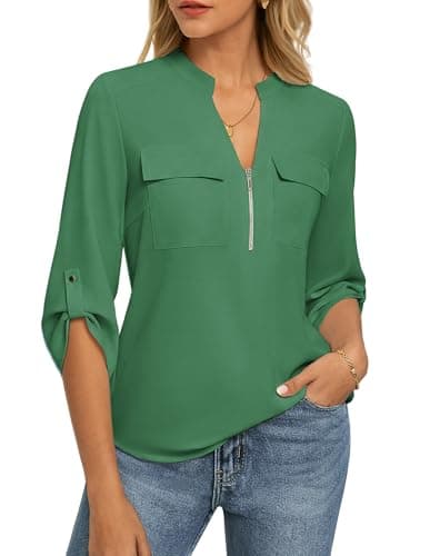 Womens Business Casual Tops,3/4 Sleeve Henley Shirts with Zip Up,Office Work Blouses Lightweight Summer Green 2XL - Image 1