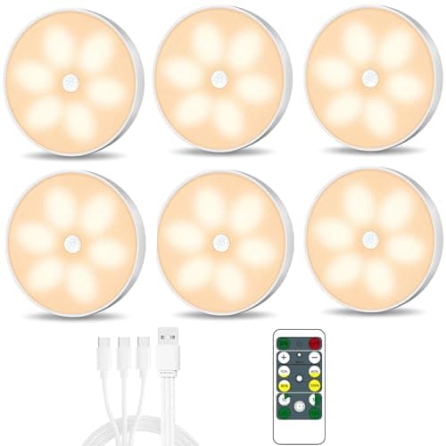 Warm Color LED Closet Lights Motion Sensor Puck Light, USB Rechargeable Battery Operated Puck Step Lights, Dimmable Under Cabinet Lighting for Counter Wardrobe Kitchen (6 Pack) - Image 1