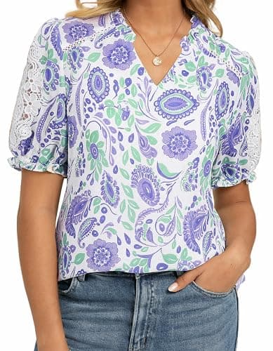 GRACE KARIN Women Boho Floral Tops, Summer Short Sleeve Shirts, V Neck Dressy Casual Blouse Work Printed 2026 Spring Trendy White Purple Small - Image 1