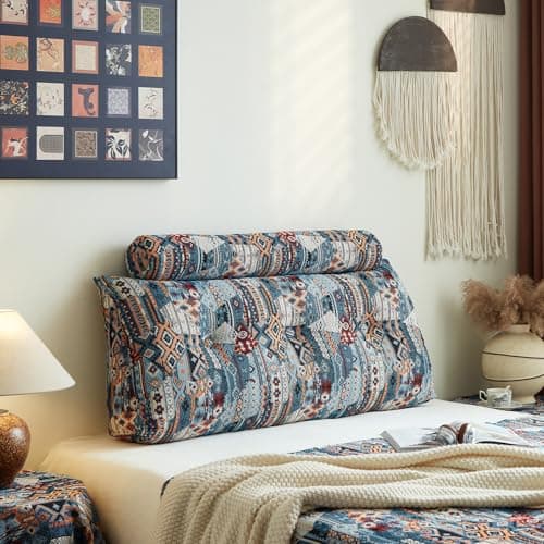 ZERALIVEN Boho Headboard Pillow Full, Large Triangular Wedge Reading Pillow for Bed and Sofa Back Support, Daybed for Sitting up or Working with Side Pockets and Removable Cover, Sky Bloom - Image 1