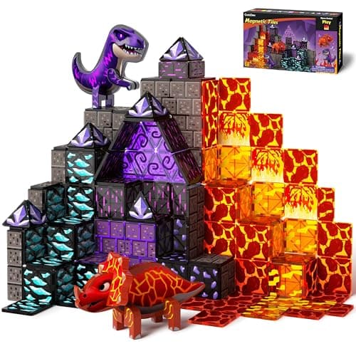 GobiDex Dinosaur Toys Magnetic Tiles Lava Cave Dinosaur World Set - Magnetic Building Blocks for Kids 3-5 5-7 Girls Boys Toys Age 4-6 6-8, STEM Sensory Toddler Birthday Gifts for 3+ Year Old Kids Toy - Image 1