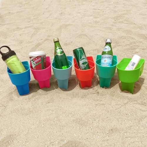 Home Queen Beach Cup Holder with Pocket, Multifunctional Sand Cup Holder for Beverage Phone Sunglasses, Beach Essentials Drink Sand Coaster, Set of 6 (Blue, Teal, Orange, Pink, Green and Turquoise) - Image 1