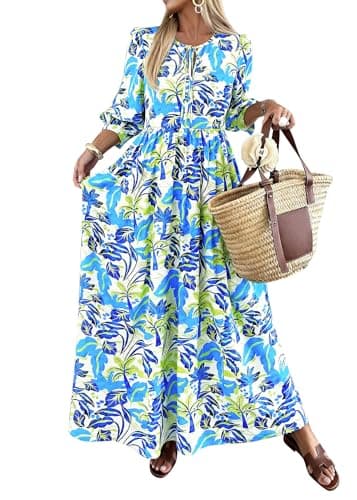KIRUNDO Women Summer Beach Vacation Wedding Guest Dresses 2026 Spring Boho Floral 3/4 Sleeve Loose Cruise Flowy Maxi Dress(Blue Green, Large) - Image 1
