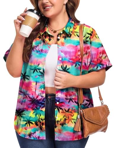 Plus Size Women Hawaiian Shirt Soft Cool Summer Hawaii Shirts Floral Tropic Print V Neck Button Down Shirts Beach Tops Green Pink - Image 1