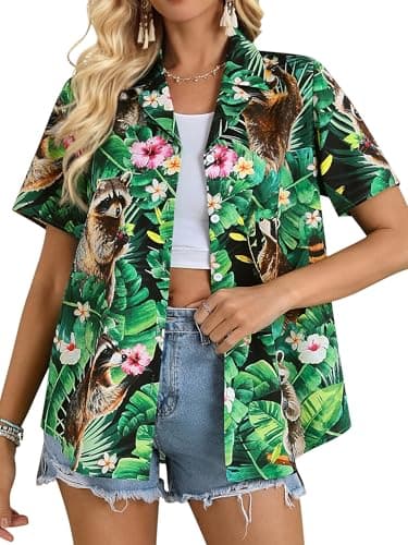 RMCMS Womens Hawaiian Button Down Shirts Floral Short Sleeve Tropical Casual Shirt Summer Beach Blouses Top Black X - Image 1