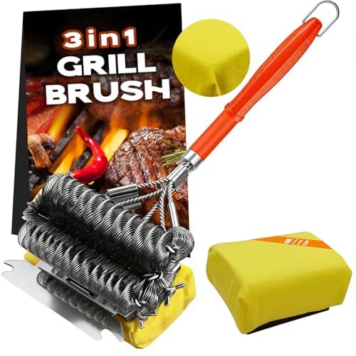 YEBLEM 3-in-1 Grill Brush and Scraper with 2 Sponges, 18" Heavy Duty Stainless Steel Bristle BBQ Cleaner, Heat Resistant Barbecue Grilling Tool, Ideal Outdoor Gift for Men & Dad (Orange) - Image 1